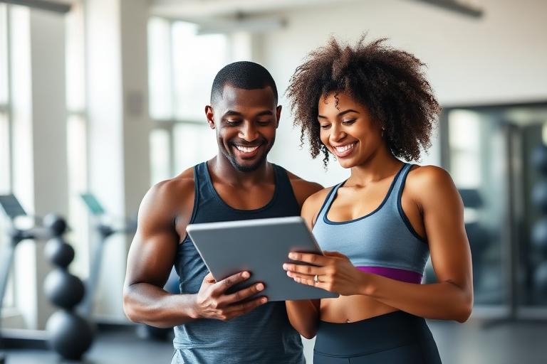 Two fitness professionals reviewing a client's plan on a tablet in a gym
