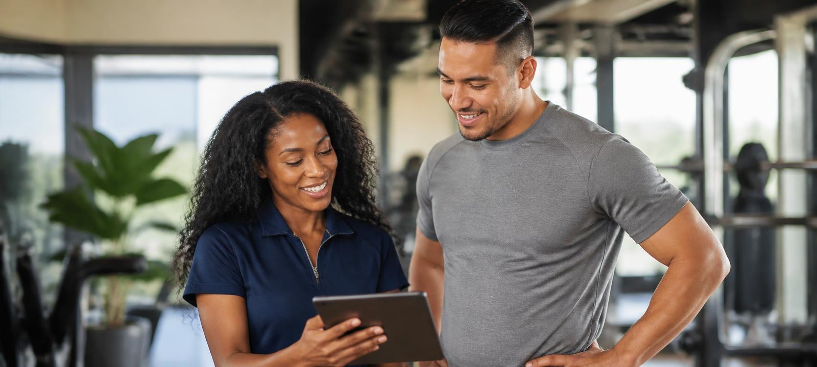 A fitness professional and her client reviewing an assessment together on a tablet in a bright gym
