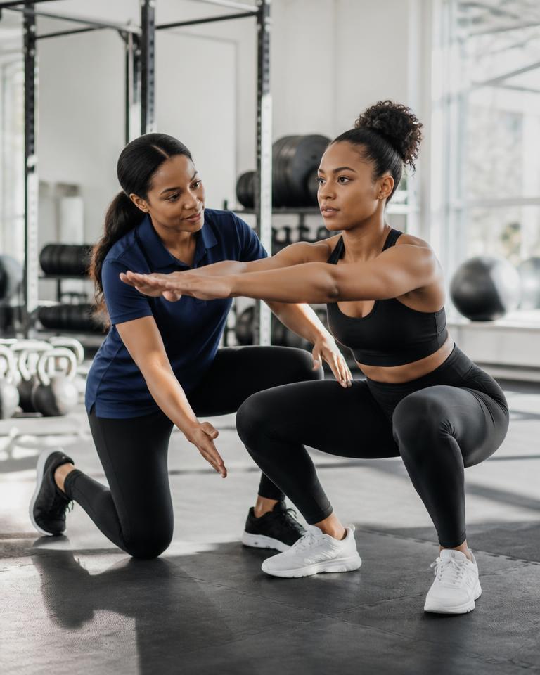 Fitness professional guiding a client through a squat assessment