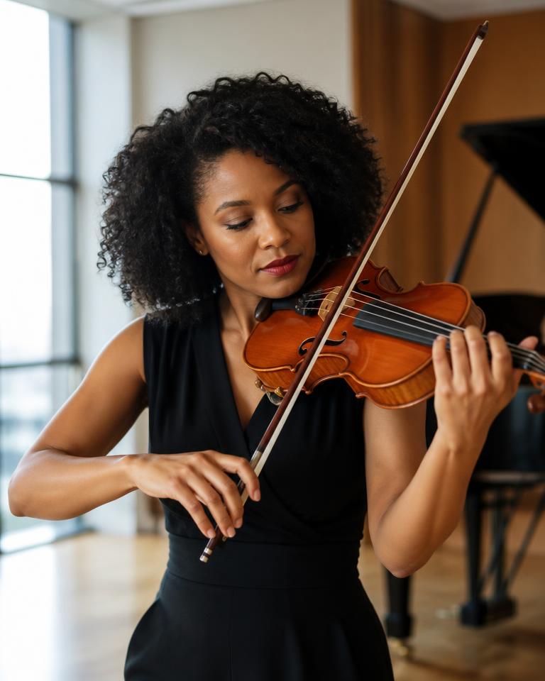 Violinist performing during a music instruction session