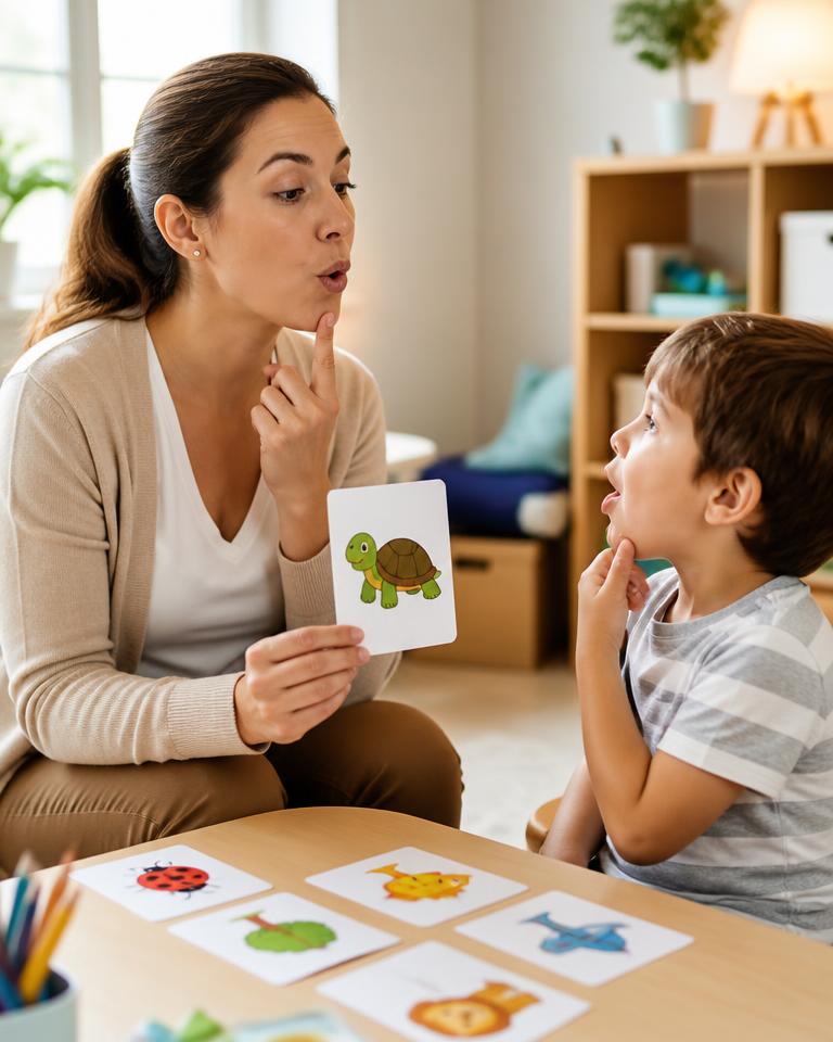 Speech-language pathologist working with a young child