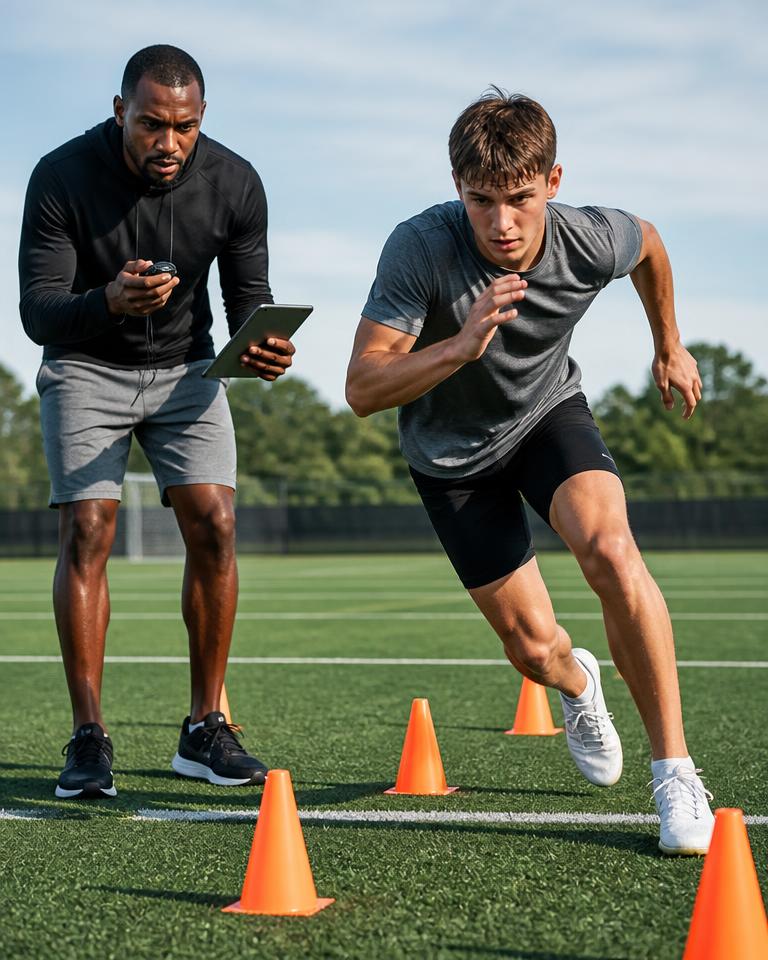 Coach timing an athlete during agility testing on a field